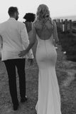 Simple Satin Mermaid Cowl Neck Spaghetti Straps Wedding Dresses, SW696 image 5