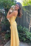 Simple Yellow Satin Spaghetti Straps Long Prom Dresses With Slit, SLP070 image 3