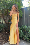 Simple Yellow Satin Spaghetti Straps Long Prom Dresses With Slit, SLP070 image 1