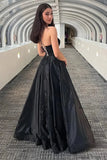 Sparkly Black A Line Spaghetti Straps Long Prom Dresses With Appliques, SLP067 image 2