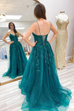 Sparkly Emerald Green A-line Spaghetti Straps Lace up Long Prom Dresses, SLP032 image 2