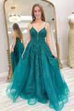 Sparkly Emerald Green A-line Spaghetti Straps Lace up Long Prom Dresses, SLP032