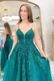 Sparkly Emerald Green A-line Spaghetti Straps Lace up Long Prom Dresses, SLP032 image 3