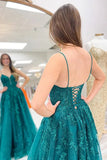 Sparkly Emerald Green A-line Spaghetti Straps Lace up Long Prom Dresses, SLP032 image 4