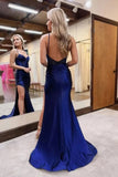 Sparkly Navy Blue Satin Mermaid Beaded Long Prom Dresses With Slit, SLP047 image 2