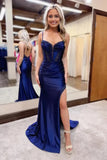 Sparkly Navy Blue Satin Mermaid Beaded Long Prom Dresses With Slit, SLP047 image 1