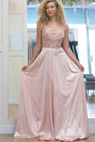 Sparkly Pink A-line Spaghetti Straps Long Prom Dresses With Appliques, SLP044