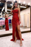 Sparkly Red Sequins Spaghetti Straps Long Prom Dresses With Fringes, SLP035 | burgundy prom dress | sequins prom dress | senior prom dress | simidress.com