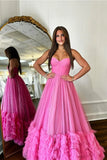 Sparkly Tulle Fuchsia Strapless Ruffled Tiered A Line Long Prom Dresses, SLP055