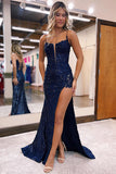 Stunning Tulle Mermaid Spaghetti Straps Lace Appliques Prom Dresses, SLP041 image 1