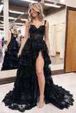 Stunning Tulle Tiered A-line Spaghetti Straps Lace Prom Dresses With Slit, SLP058