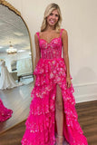 Stunning Tulle Tiered A-line Spaghetti Straps Lace Prom Dresses With Slit, SLP058 | pink prom dress | fuchsia prom dress | new arrival prom dress | simidress.com