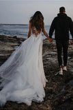 Tulle A Line Backless V Neck Lace Appliqued Wedding Dresses With Train, SW709 | sexy wedding dress | cheap wedding dress | wedding dress online | simidress.com