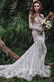 Tulle Mermaid V-neck Backless Long sleeves Lace Wedding Dresses, SW700 | simple wedding dress | lace wedding gown | custom made wedding dress | simidress.com