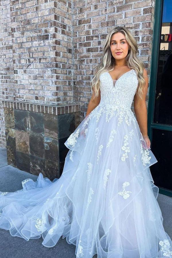 A Line V Neck Lace Appliques White Long Prom Dresses Wedding