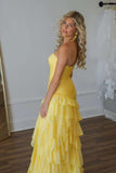 Yellow Chiffon A-line Strapless Ruffled Long Prom Dresses With Slit, SLP021 | evening gown | prom dresses for girls | prom dress near me | simidress.com