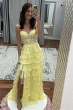 Yellow Chiffon A Line Appliques Tiered Sweetheart Strapless Prom Dresses, SLP073