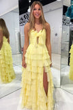 Yellow Chiffon Tiered A Line Sweetheart Long Prom Dresses With Slit, SLP075