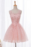 Pink Sleeveless Appliques Beading Homecoming Dress,Keyhole Back Short Prom Dress, SH252