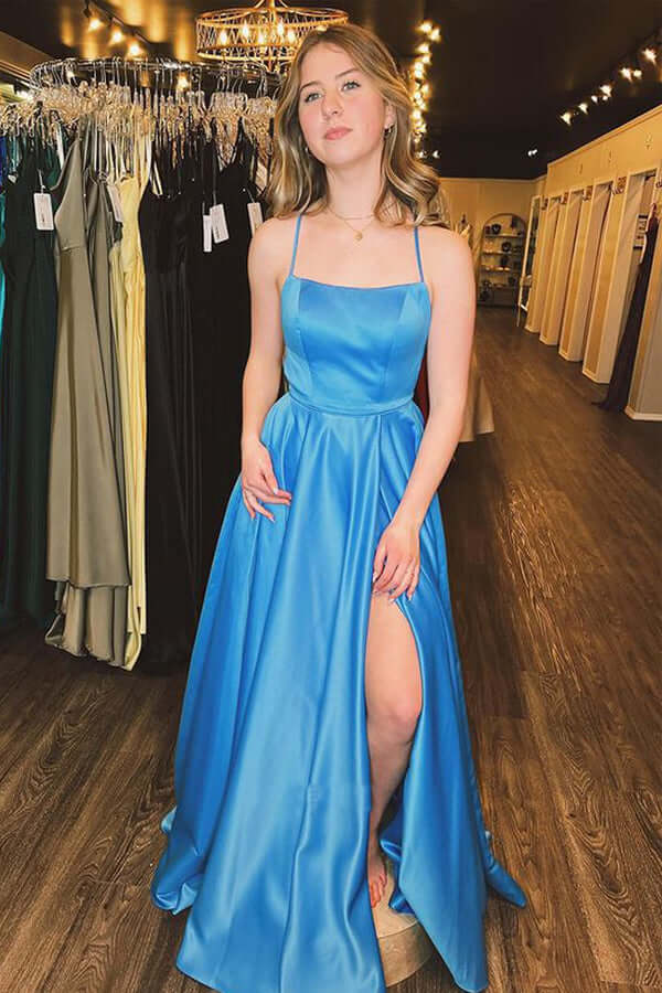 Blue Tulle A-line Spaghetti Straps Floor length Prom Dresses, Formal Dress,  MP669