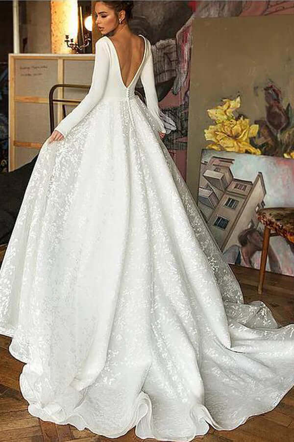 Boho A-line V-neck Lace Long Sleeves Wedding Dresses SW488