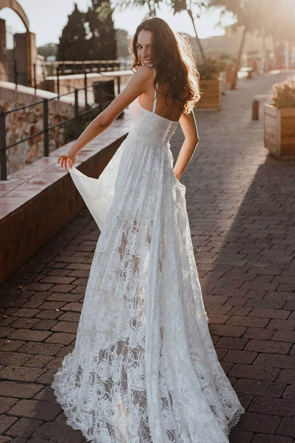 Ivory Spaghetti Strap Lace Open Back Side Split Long Beach Wedding Dresses,  SW113