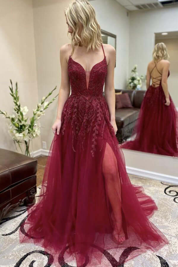 Burgundy Tulle A-line Lace Up Back Thigh Slit Prom Dresses, Evening Gown,  SP763