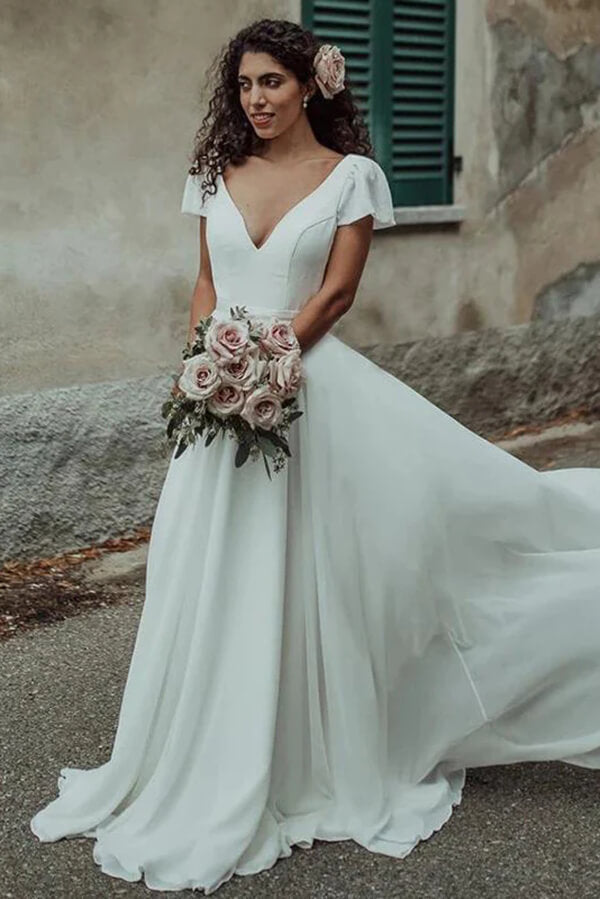 Chiffon A-line V-neck Short Sleeves Wedding Dresses SW577
