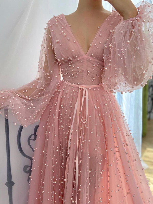 Dusty Rose Pink Prom Dresses Beaded Formal Evening Dress FD1434B - Pink /  US 2