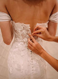 Ivory Mermaid Off Shoulder Court Train Lace Appliqued Wedding Dresses, SW526 | ivory lace wedding dress | cheap lace wedding dresses | bridal gown | www.simidress.com​