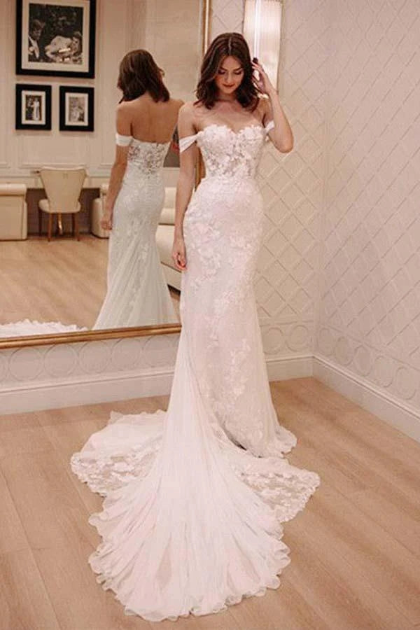 Sheath Backless V-Neck Long Sleeve Court Train Illusion Lace Wedding D –  Simidress