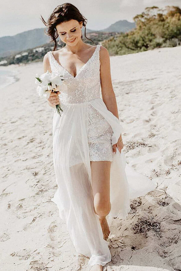 A-Line Beach Wedding Dresses Summer Boho Bride Dress with Detachable Train