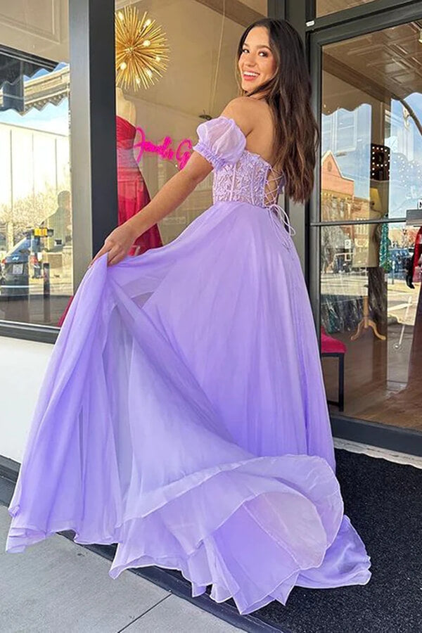 Shiny Off Shoulder Purple Tulle Long Prom Dresses, Long Lilac
