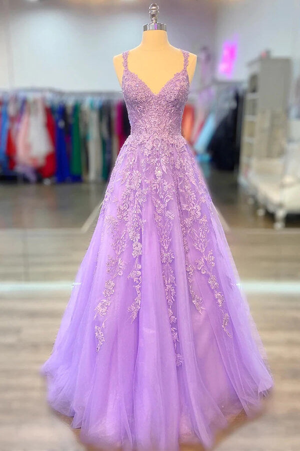 Lilac V-neck Backless Lace Appliques Prom Dress SP892