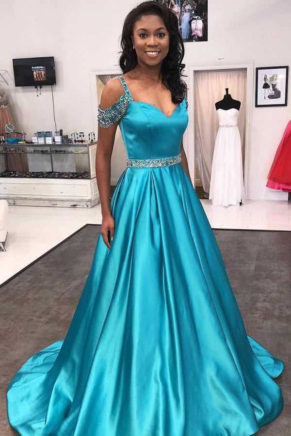 Blue Cap Sleeves Satin A Line Beaded Prom Dresses with Sweep Train ...