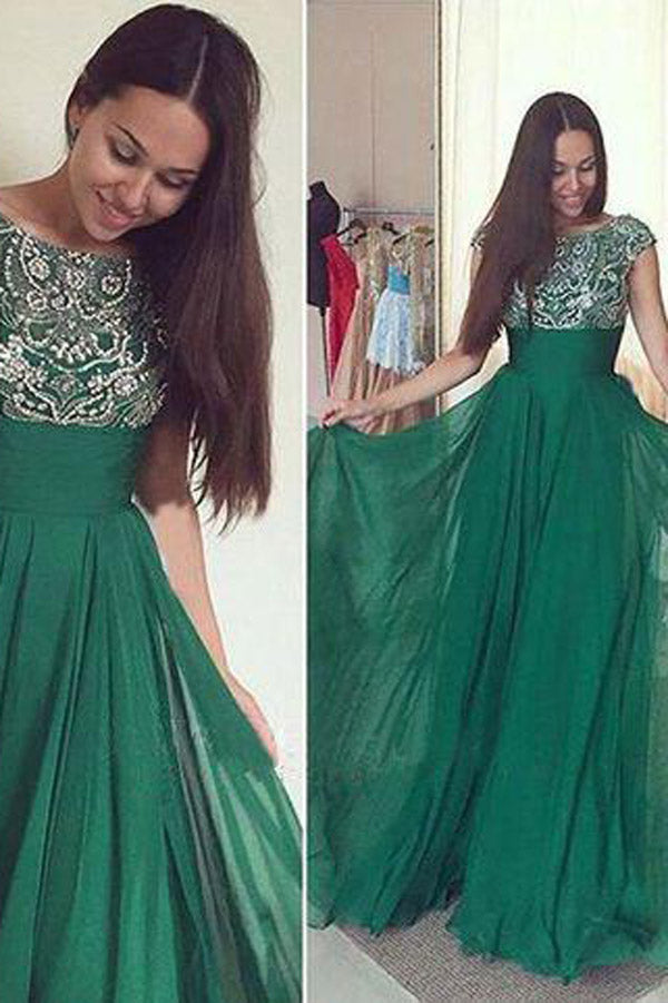 Dark Green Chiffon A line Prom Dress with Beading Long Formal Dress Simidress