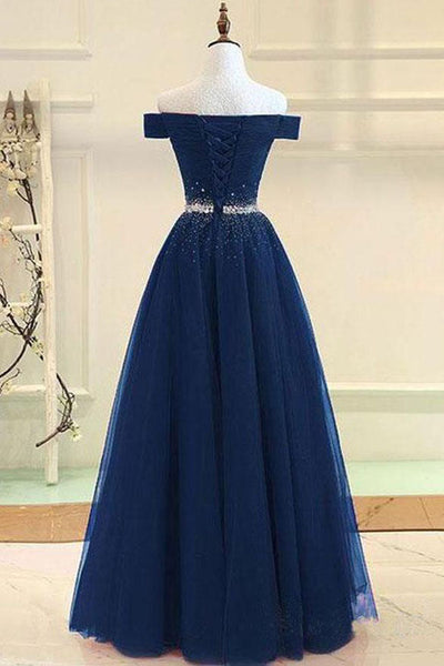 Tulle Navy Blue Off the Shoulder Long Prom Dress, Evening Dresses ...