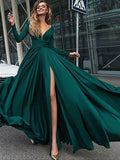 Dark Green A-Line V-Neck Long Sleeves Sweep Train Long Prom Dress from simidress.com