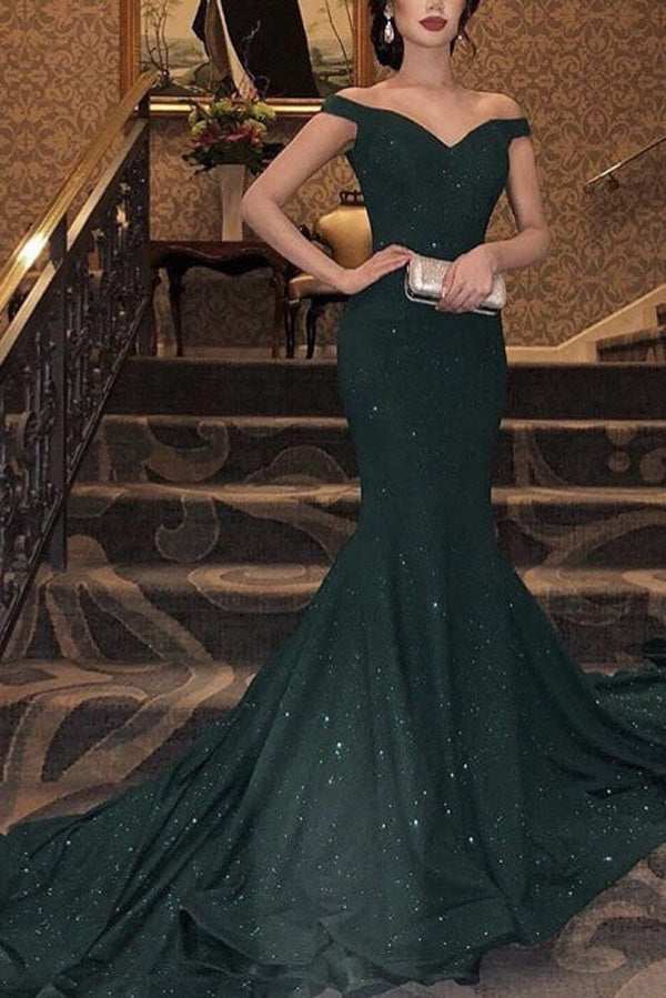 V Neck Emerald Green Prom Dress with Train, V Neck Dark Green