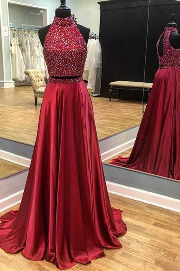 Dark Red Beaded Halter Open Back Long Prom Dresses With Side Slit, M316 ...