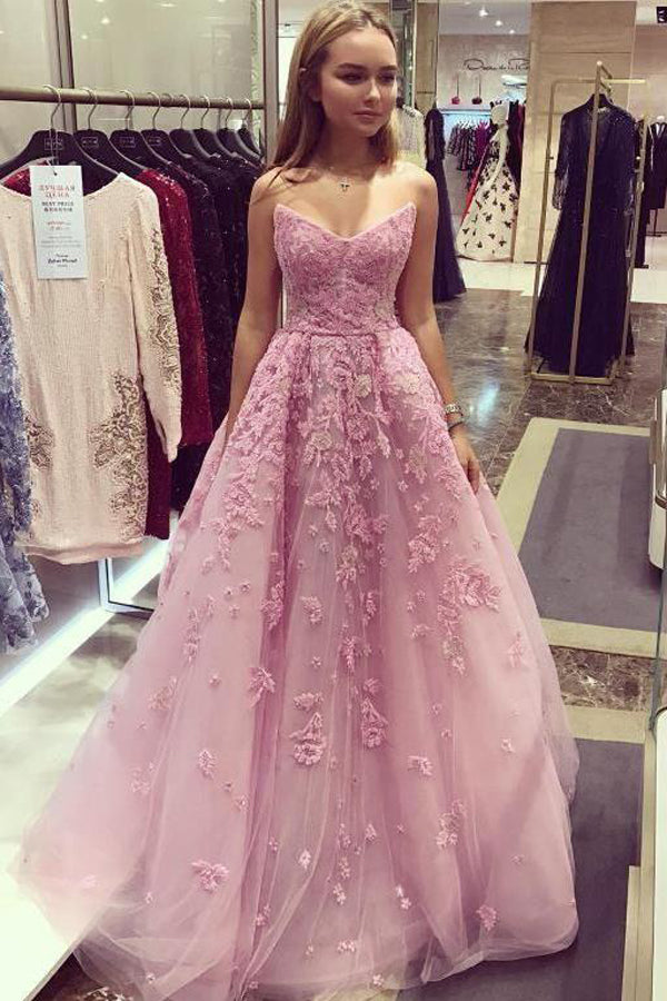 Dusty Rose Vintage Lace Applique Strapless Long Prom Dresses Evening Dresses,  M332 – Simidress