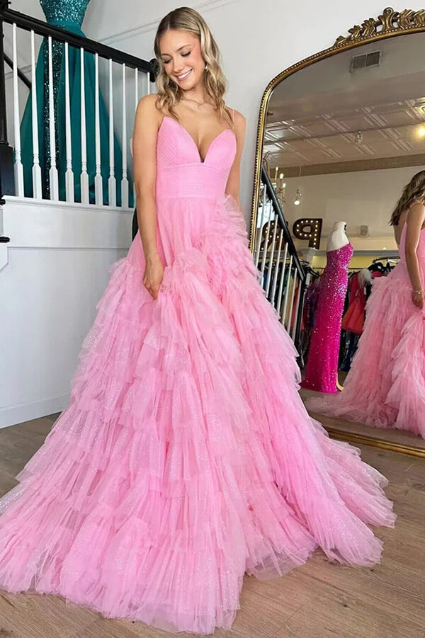 Pink Ruffles Strapless A-Line Prom Dress Evening Gown