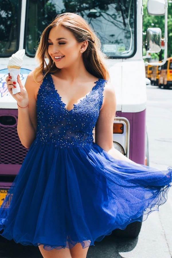 Royal Blue A-line V-neck Beaded Homecoming Dresses SH592 | Simidress