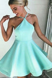 Halter Neckline Backless A-Line Short Prom Dress,Satin Homecoming Dress,SH100