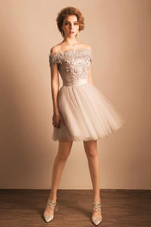 Champagne tulle lace short prom dress, lace homecoming dress