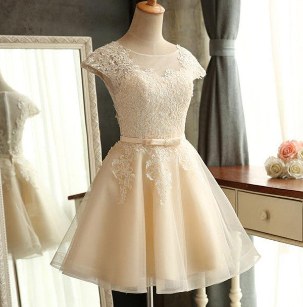 Champagne tulle lace short prom dress, lace homecoming dress