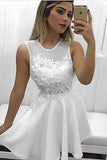 White Boat Short Prom Dress,Sheer Back Appliques Homecoming Dress,Party Dress SH167