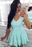 Mint Green Capped Sleeve Short Prom Dress,Hollow Lace Homecoming Dress,Party Dress