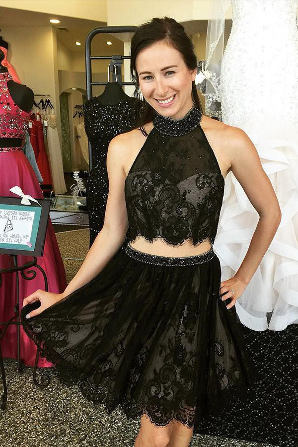 Black Lace Halter Prom Dress