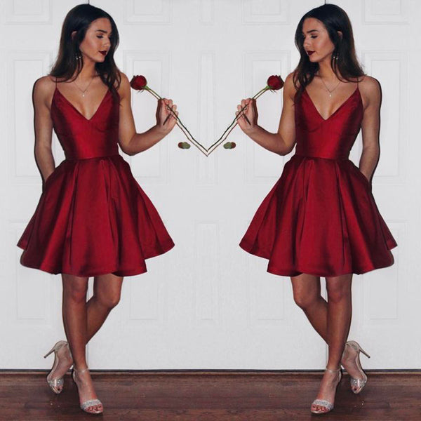 Red Simple Sheath Halter Straps Homecoming Dresses, Short Prom Dresses,  SH502 – Simidress